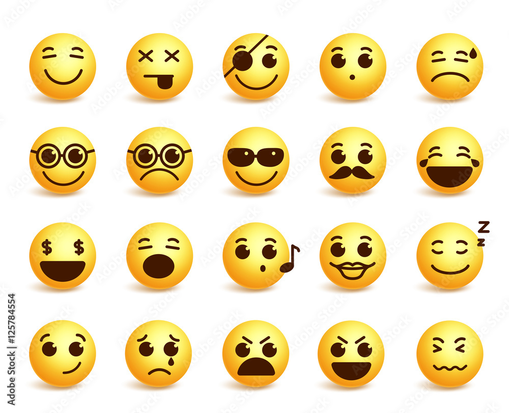 Smiley faces vector emoticons set with funny facial expressions in yellow color isolated in white background. Vector illustration
Smiley faces vector emoticons set with funny facial expressions in yellow color isolated in white background. Vector illustration