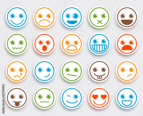 Smiley face vector emoticon set in white flat icon sticker with colorful funny emotions and facial expressions. Vector illustration.
