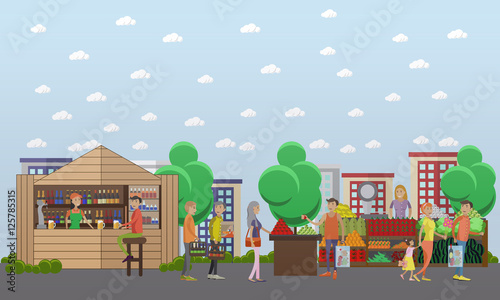 Street food market. Vector banner in flat style design