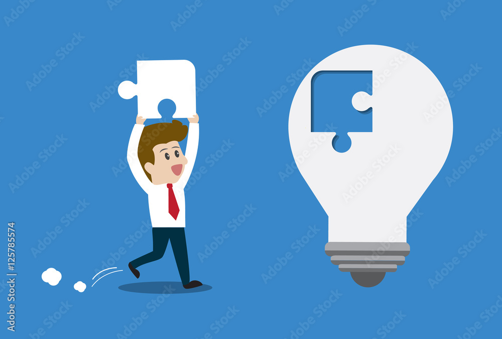 Businessman inserts the missing piece with light bulb.Vector illustration business cartoon concept. Businessman inserts the missing piece with light bulb.Vector illustration business cartoon concept.