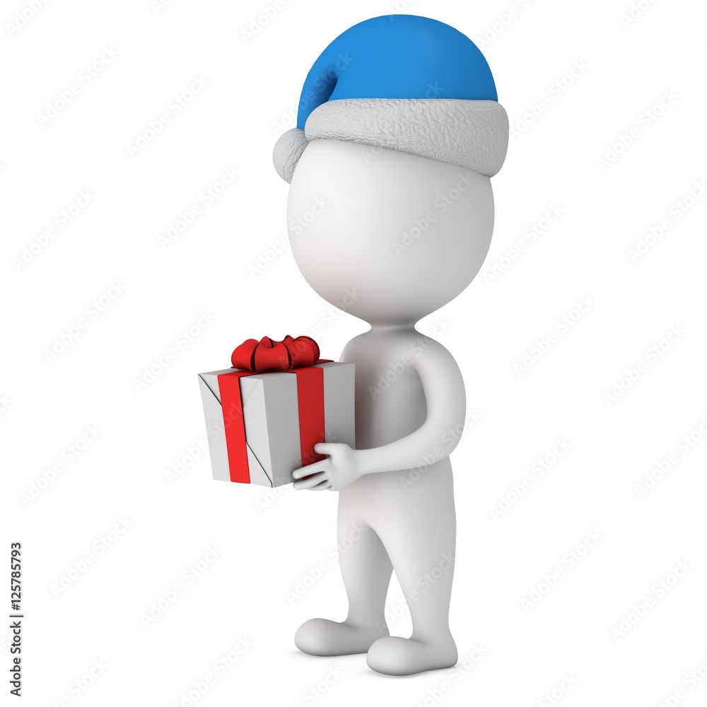 White small man in santa claus cap stand with gift White small man in santa claus cap stand with gift