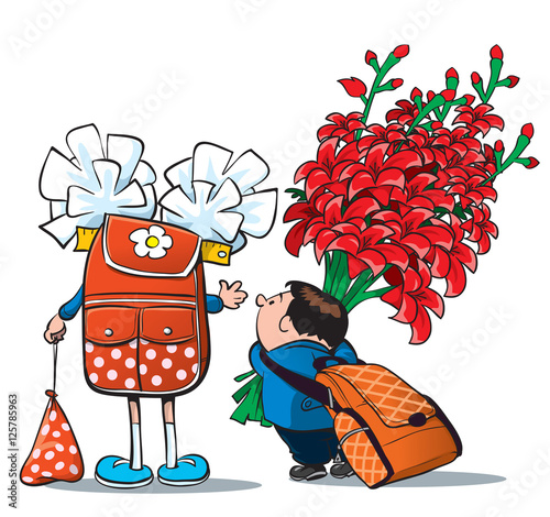 Back to school. Two little schoolkids with huge bouquet of flowers. Cartoon vector illustration