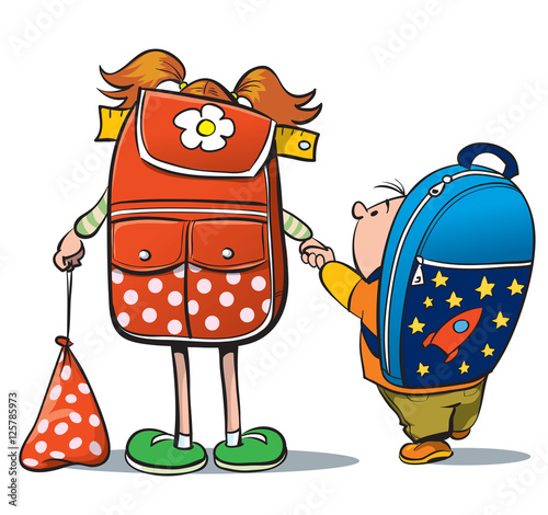 Back to school. Two little schoolkids. Cartoon vector illustration