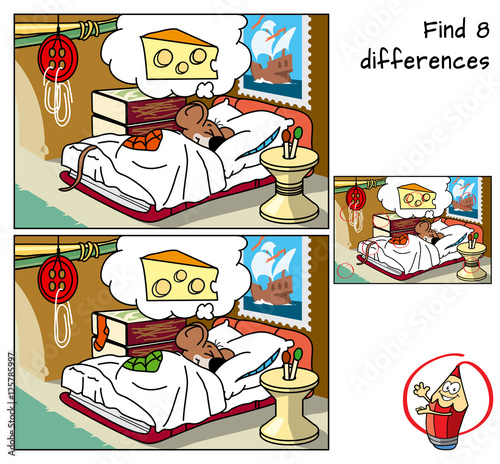 Sleeping mouse. Find 8 differences. Educational game for children. Cartoon vector illustration