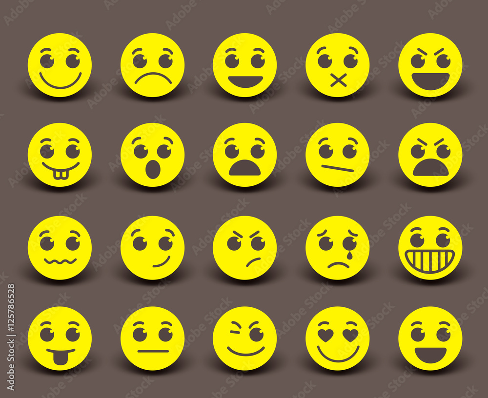 Yellow smiley face icons and emoticons with facial expressions and emotions in flat paper cut circle. Vector illustration.
Yellow smiley face icons and emoticons with facial expressions and emotions in flat paper cut circle. Vector illustration.