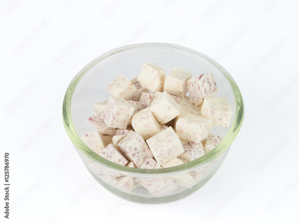 Taro cut into pieces in cup Taro cut into pieces in cup