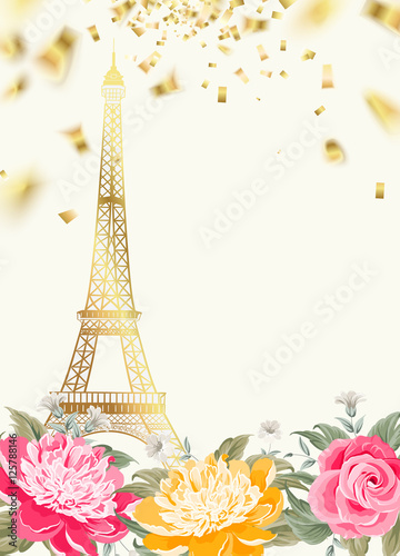 Eiffel tower icon with Golden confetti falls isolated over white background and blooming spring flowers in the bottom. Vector illustration.