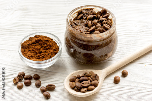 handmade coffee-cocoa scrub on wooden background close up