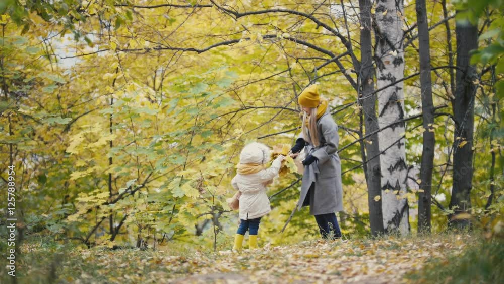 Little daughter with her mommy plays with yellow leaves in autumn park Little daughter with her mommy plays with yellow leaves in autumn park