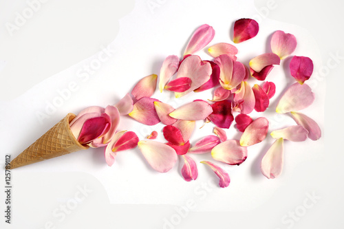 "Fountain" of rose petals in a waffle cup isolated on white background