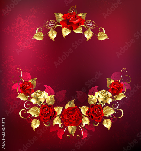 Fototapeta Naklejka Na Ścianę i Meble -  Symmetrical garland of gold and red roses