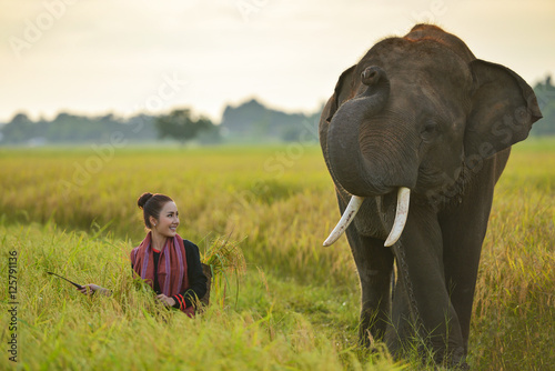 Beautiful Thai local woman working happy wiht elephant,thailand photo