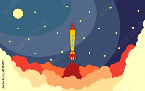 Space rocket launch. Vector illustration with flying rocket. Space travel. Project development. Creative idea,
