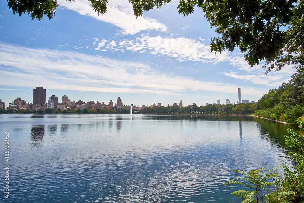A look, to the south, over the Jacqueline Kennedy Onassis Reservoir in Central Park, towards the skyscrapers at 59th street on Manhattan