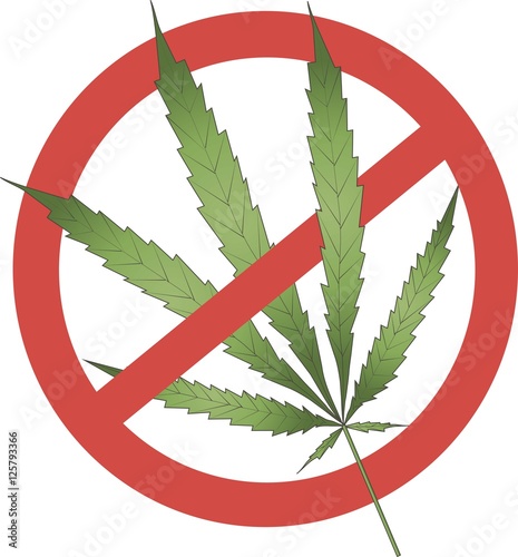 Sticker of prohibition of cannabis, green hand drawn cannabis leaf with a red diagonal line, vector illustration