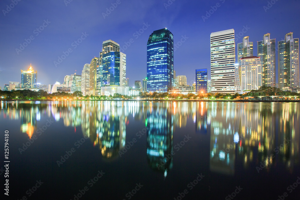 Business district with Park in the City at dusk (Thailand)

