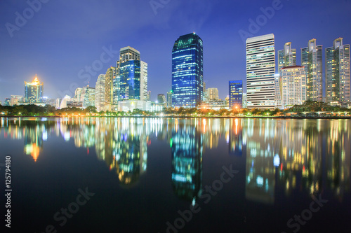 Business district with Park in the City at dusk (Thailand)