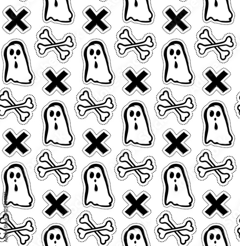 Vector Halloween seamless pattern with ghost heart bones spider.Vector background in sketch style for decoration halloween designs.Comic spook and cross print for wrapping paper fabric textiles.
