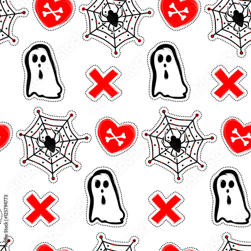 Vector Halloween seamless pattern with ghost,heart,bones,spider.Vector background in sketch style for decoration halloween designs.Comic spook and cross print for wrapping paper,fabric,textiles.