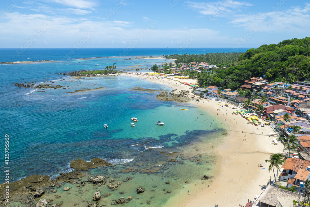 Scenic overlook of the First and Second beaches at the resort destination of Morro de Sao Paulo in Bahia, Brazil
