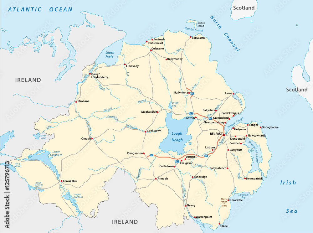 Obraz premium Szczegółowa mapa drogowa brytyjskiej prowincji Irlandii Północnej