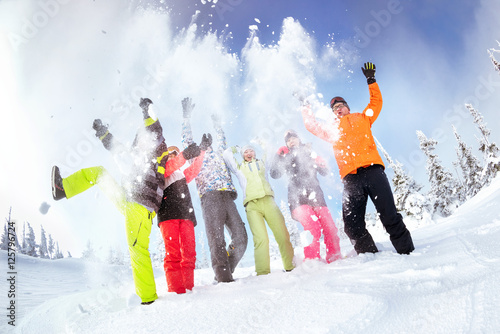 Group friends ski snowboard skiing snowboarding concept