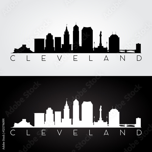 Cleveland USA skyline and landmarks silhouette, black and white design, vector illustration.