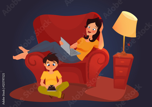 Web Communication Cartoon Illustration. gadget addiction. freelance.