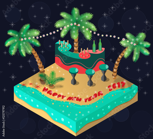 Tropical island. Bar, palm trees, sandals, beach and sea. 3D isometric view. Vector illustration.