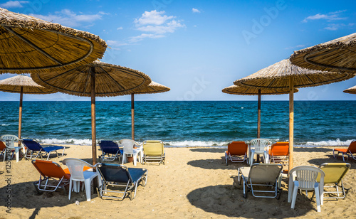 Beautiful Seascape With Sun Umbrellas And Sunbeds  Stavros  Greece