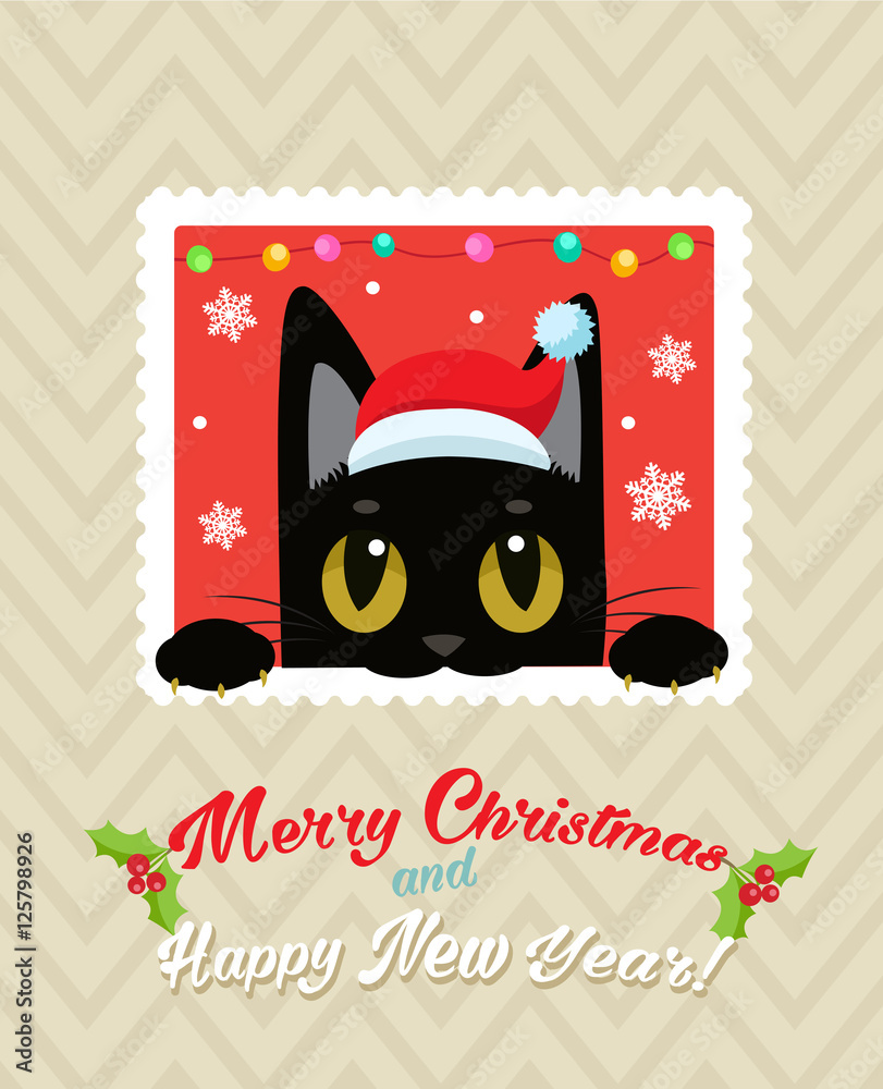 Christmas Vector Card With Cute Cat. Holiday Cartoon Greeting Card. Merry Christmas Happy New Year Congratulation Image. Funny Black Cat Vector. Stock Adobe Stock