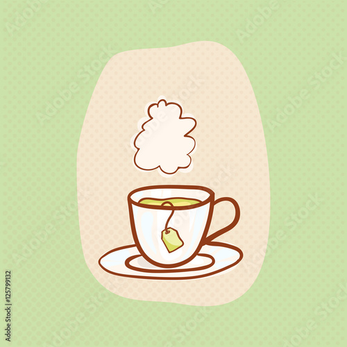 Tea sketchy vector clipart with vapor cloud. Vector hot tea design element and teabag. Sketch for flyer banner, ad, package, poster. Hand drawn mug, vector icon for teahouse