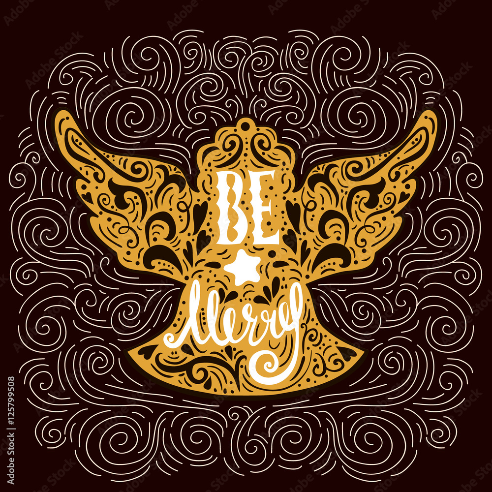 Be Marry- Silhouette of a Christmas Angel with unique lettering. Hand drawn design element for Holiday. Christmas vector greeting card.