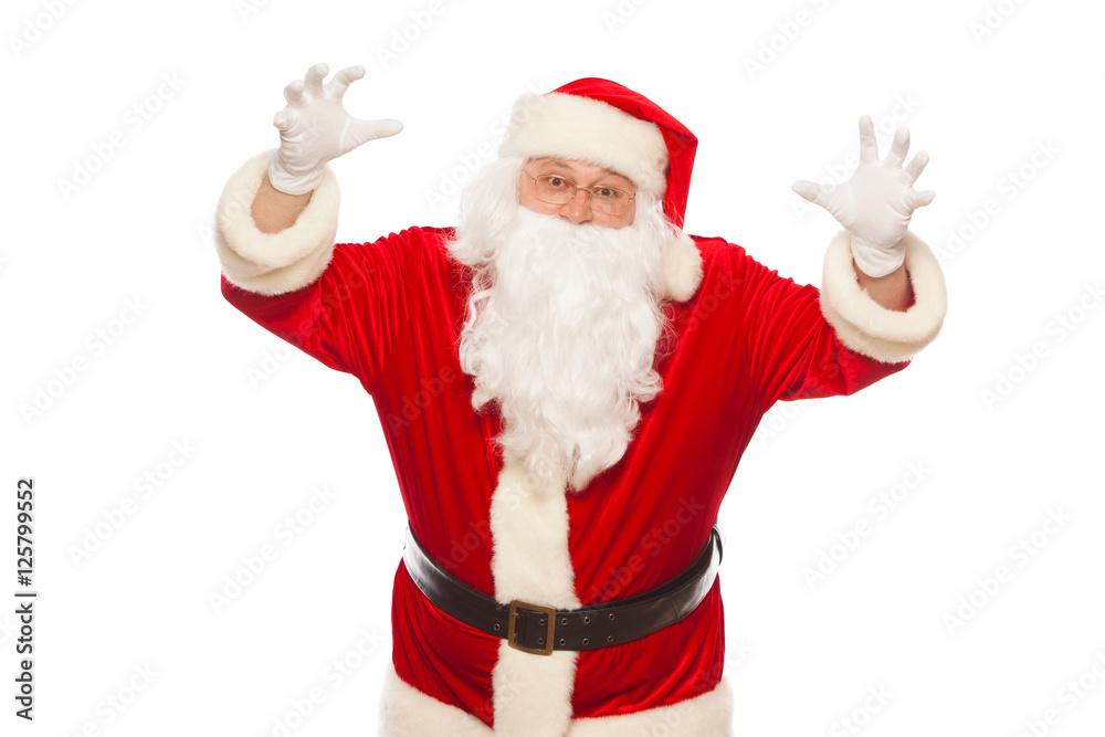 Shocked Santa Claus raising his hands scares, isolated on white background Christmas Shocked Santa Claus raising his hands scares, isolated on white background Christmas