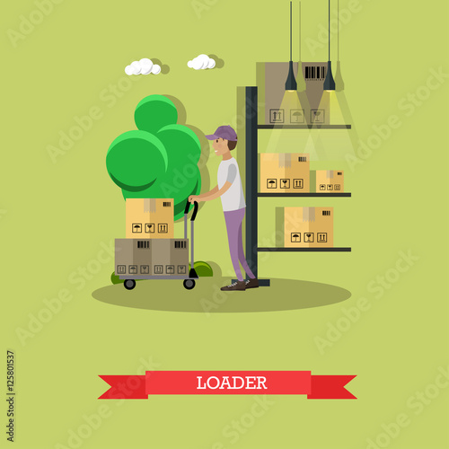 Man load parcels. Logistic and delivery service concept banner. Warehouse workers. Vector illustration