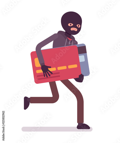 Thief in a black mask stole credit card and is running away. Cartoon vector flat-style concept illustration