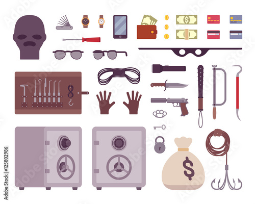 Set of thief tools isilated on a white background. Cartoon vector flat-style illustration