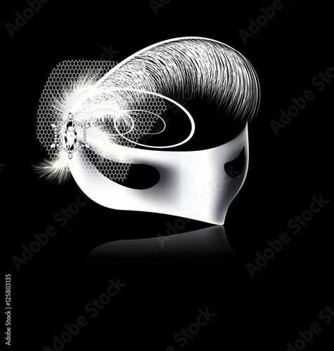 white mask with feathers and veil