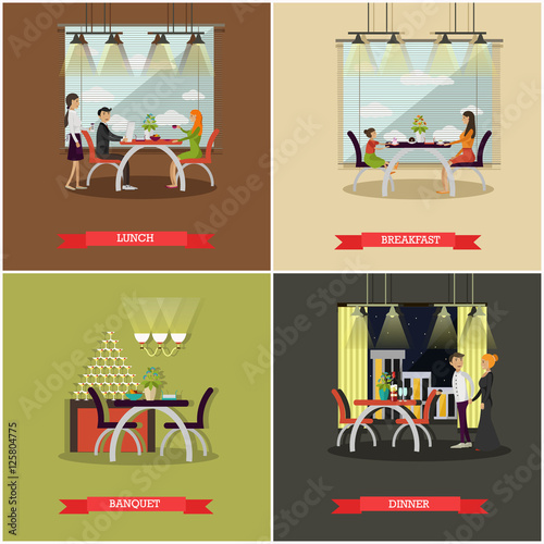 Vector set of posters with people in cafe and restaurants.