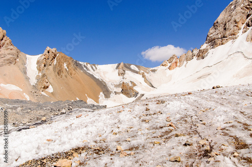 mountain peaks with glacier against a blue sky