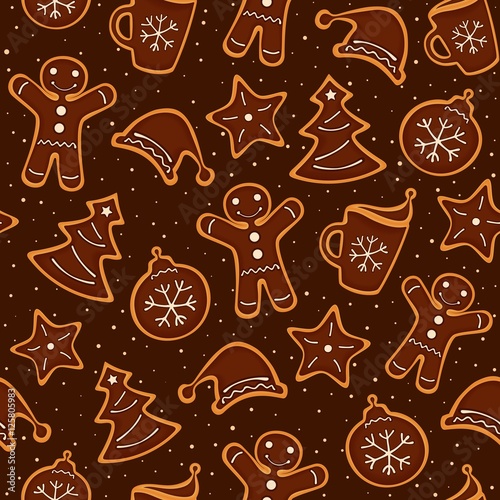 Christmas decoration of pattern from festive cookies with chocolate. Seamless texture. Vector illustration