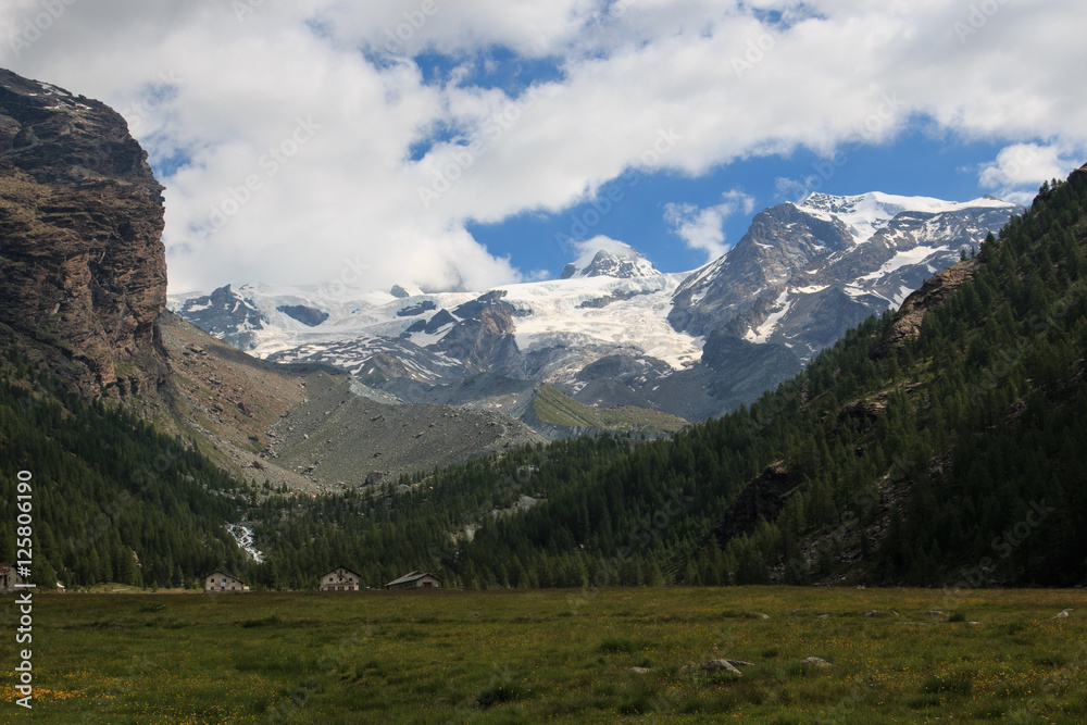 Pian di Verra, in valle d'Ayas. Sullo sfondo il Castore e il Polluce (Monte Rosa)
