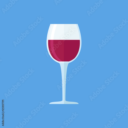 Glass of red wine isolated on blue background. Goblet flat style icon. Vector illustration.