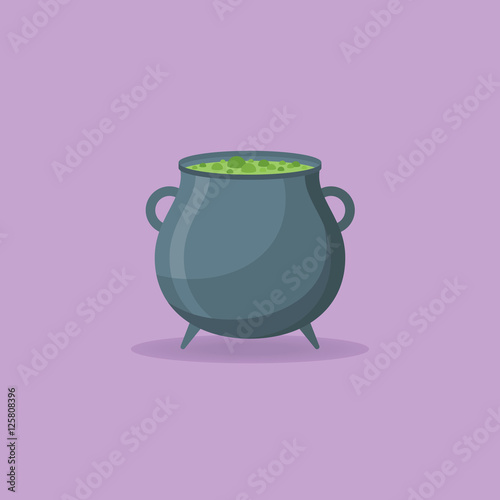 Witches cauldron with green potion isolated on purple background. Flat style icon. Vector illustration.