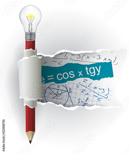 Mathematics formulas Cheat Sheets.
White Torn paper with mathematics formulas and pencil with light bulb.Vector available.