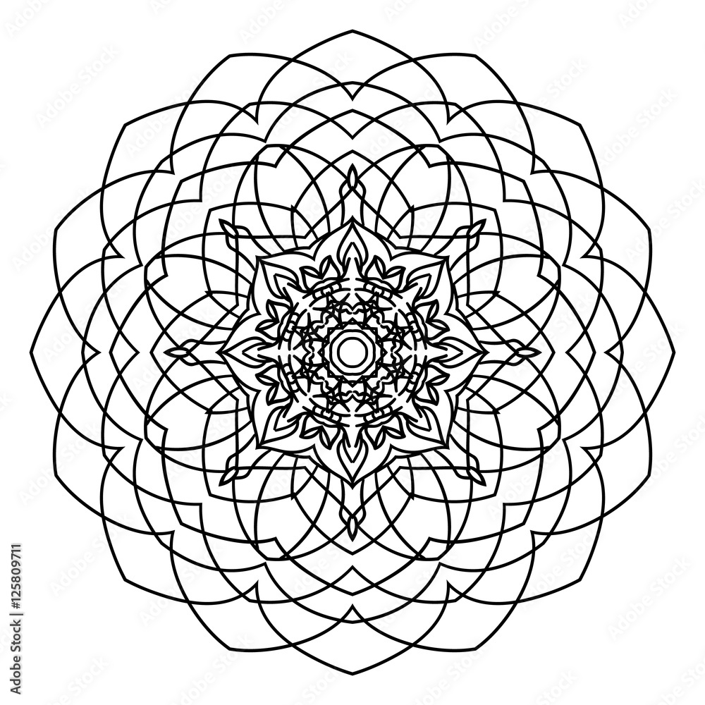 Fototapeta premium Mandala. Floral, flower oriental mandala. Coloring book page. Circle art design tattoo print, circular outline template ornament mandala, ethnic meditation. Vector illustration isolated background
