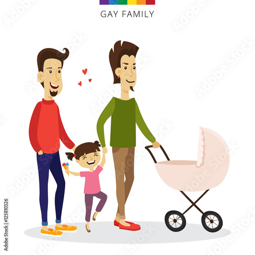 Vector gay couple love concept. Family of two men, daughter and baby in the cradle. Romantic illustration.