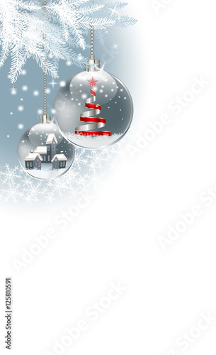 Roter Weihnachtsbaum mit verschneiter Kirche in der Weihnachtskugel1.0