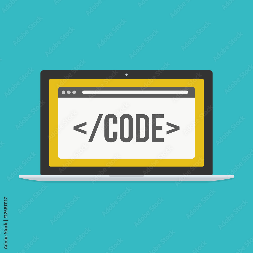Web development vector concept. Laptop with open browser and coding symbol isolated on background. Vector flat icon Web development vector concept. Laptop with open browser and coding symbol isolated on background. Vector flat icon