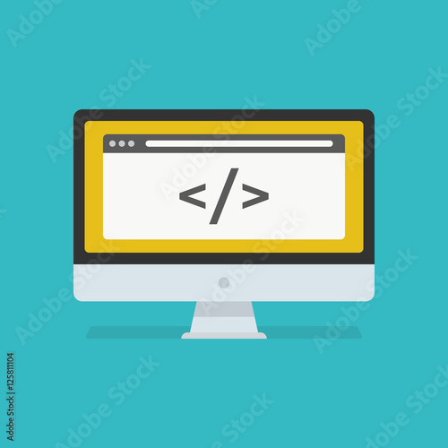 Web development vector concept. Computer with open browser and coding symbol isolated on background. Vector flat icon